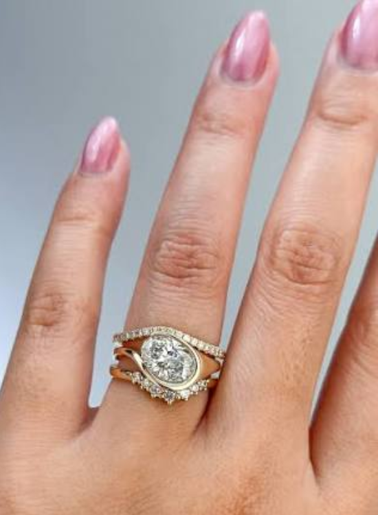 Oval Halo Ring with Curved Pavé Band