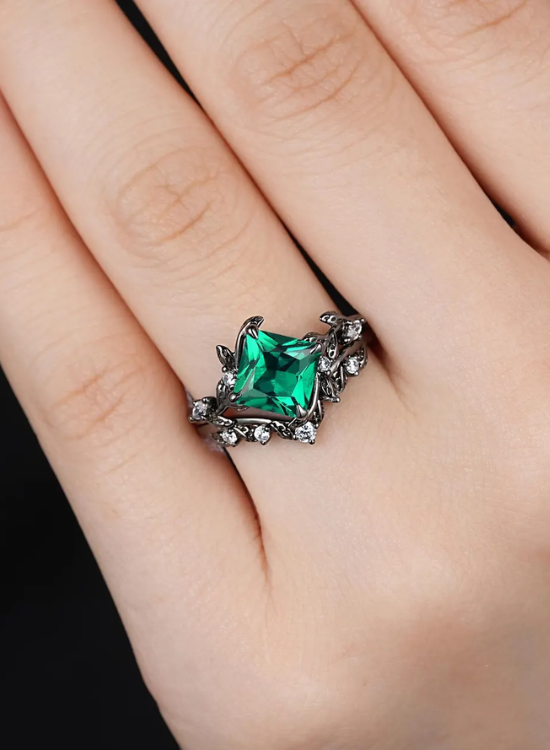 green and black princess cut wedding band