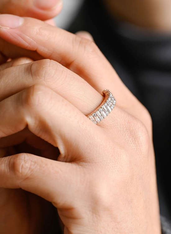 half eternity bagguette and round cut wedding band
