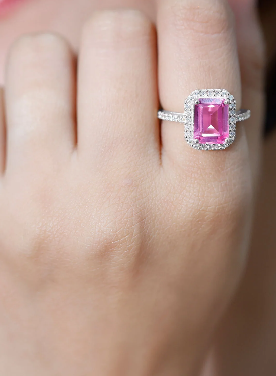 pink saphire emerald cut ring