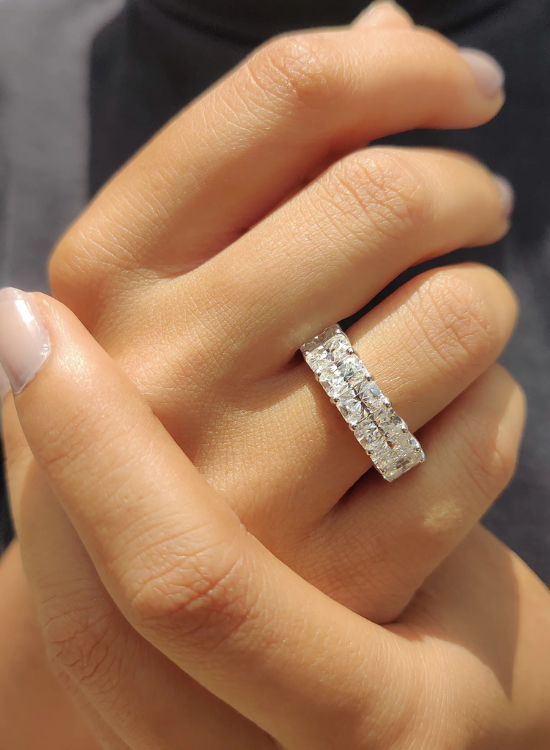 radiant cut three row wedding band
